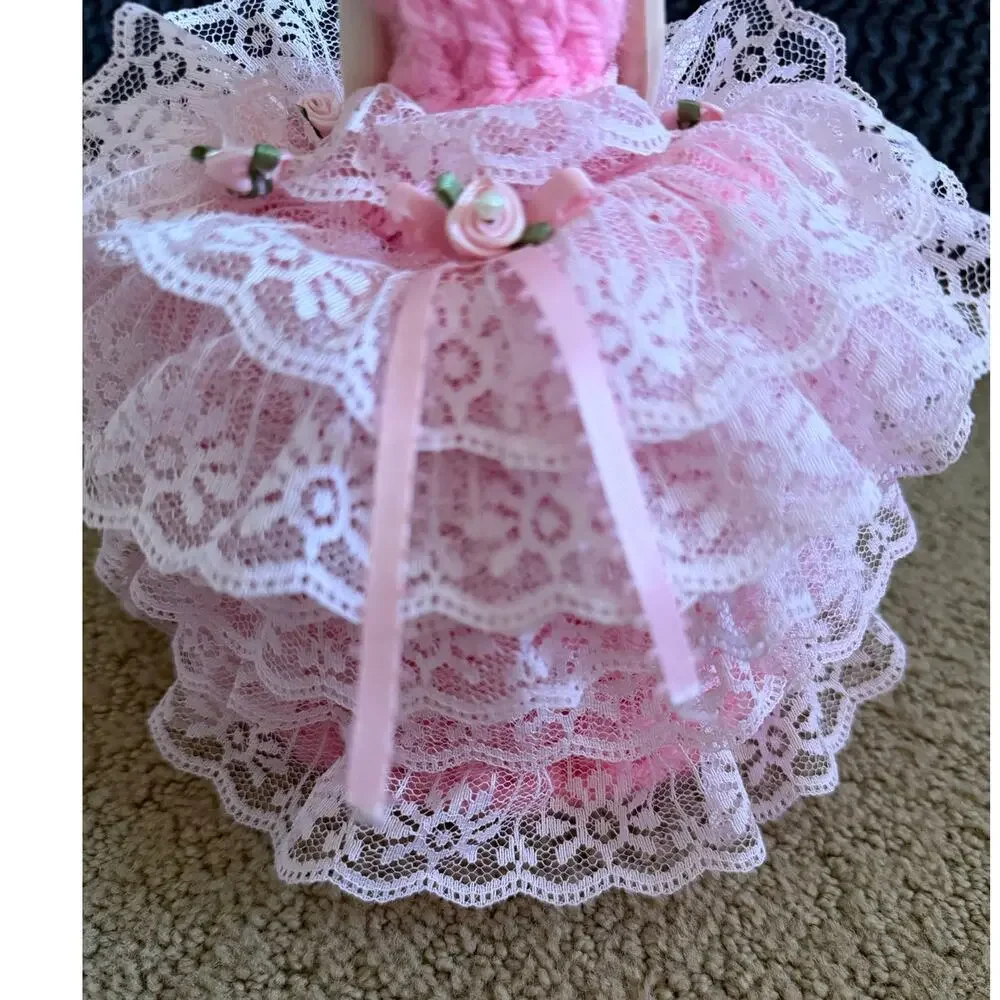 Vintage Handmade Crochet Doll Dress Toilet Paper Cover Pink Yarn Lace Pearl Hat